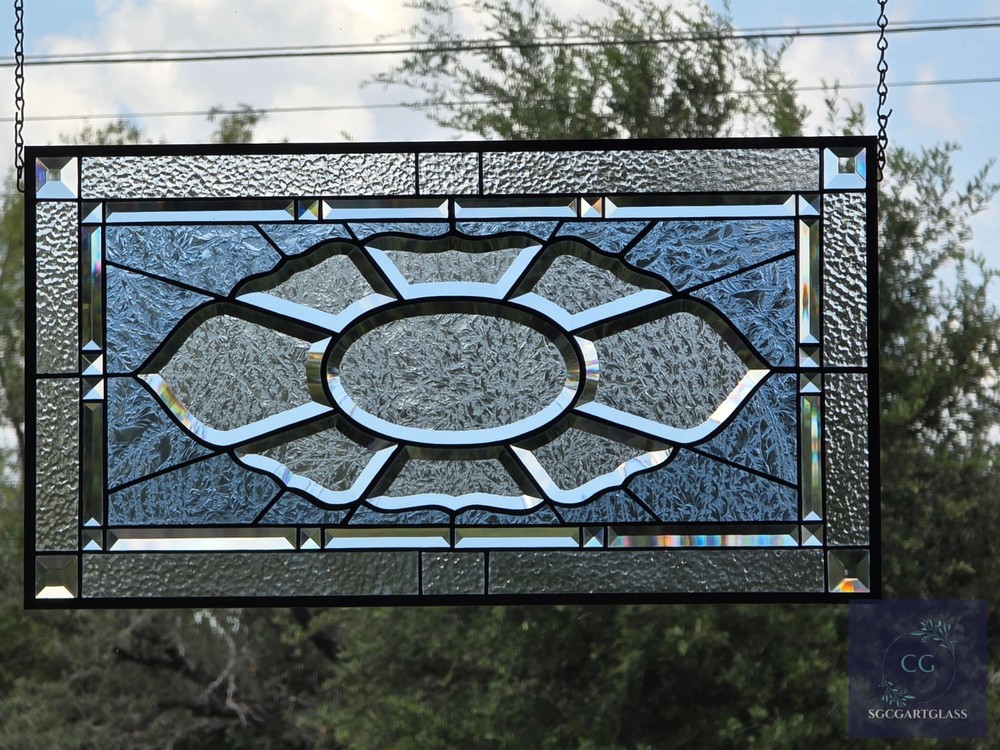 Contemporary rectangular stained glass window panel hanging 26 1/2 x 14 1/2 priv