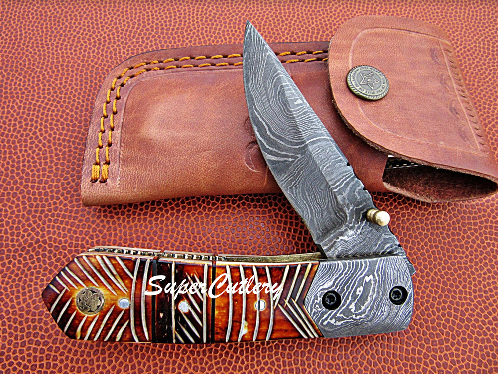 HAND CRAFTED DAMASCUS FOLDING KNIFE- ENGRAVED HAND FLAMED BONE HANDLE