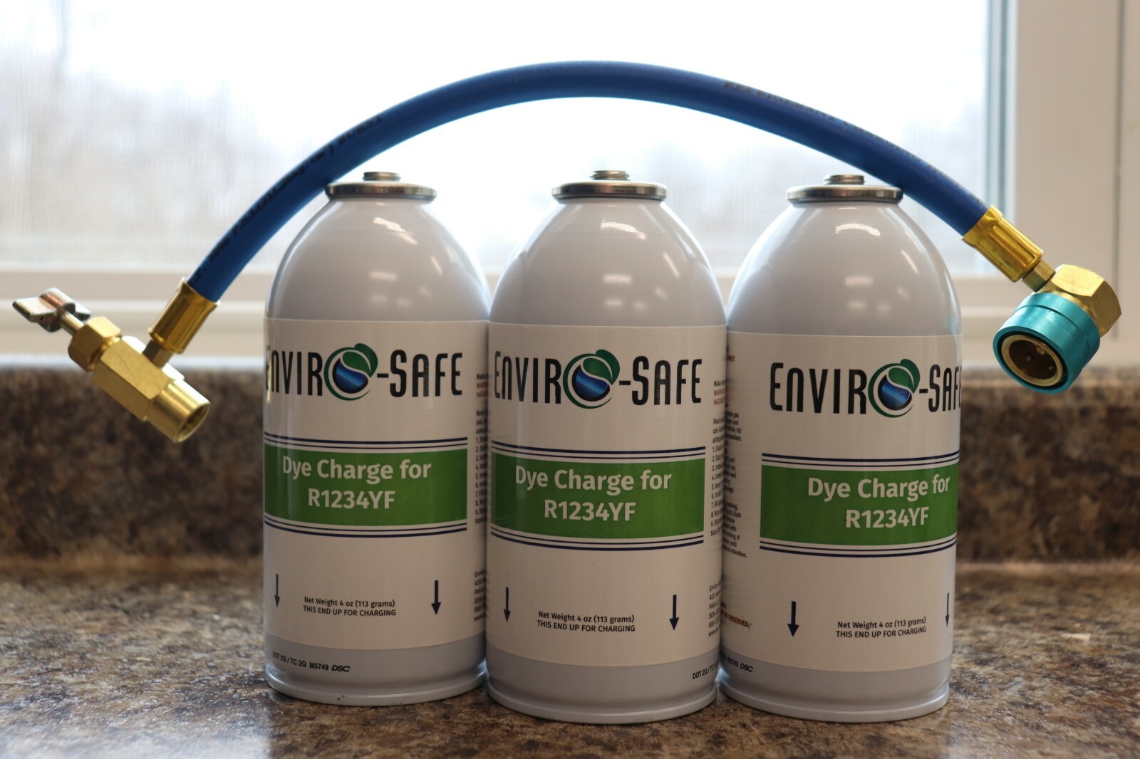 Dye Charge for R1234yf,UVdye, Enviro-Safe 3 cans & Brass charging hose