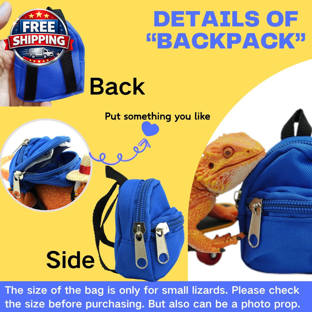 3 Pack Lizard Accessories: Backpack, Hat & Skateboard for Small Pets