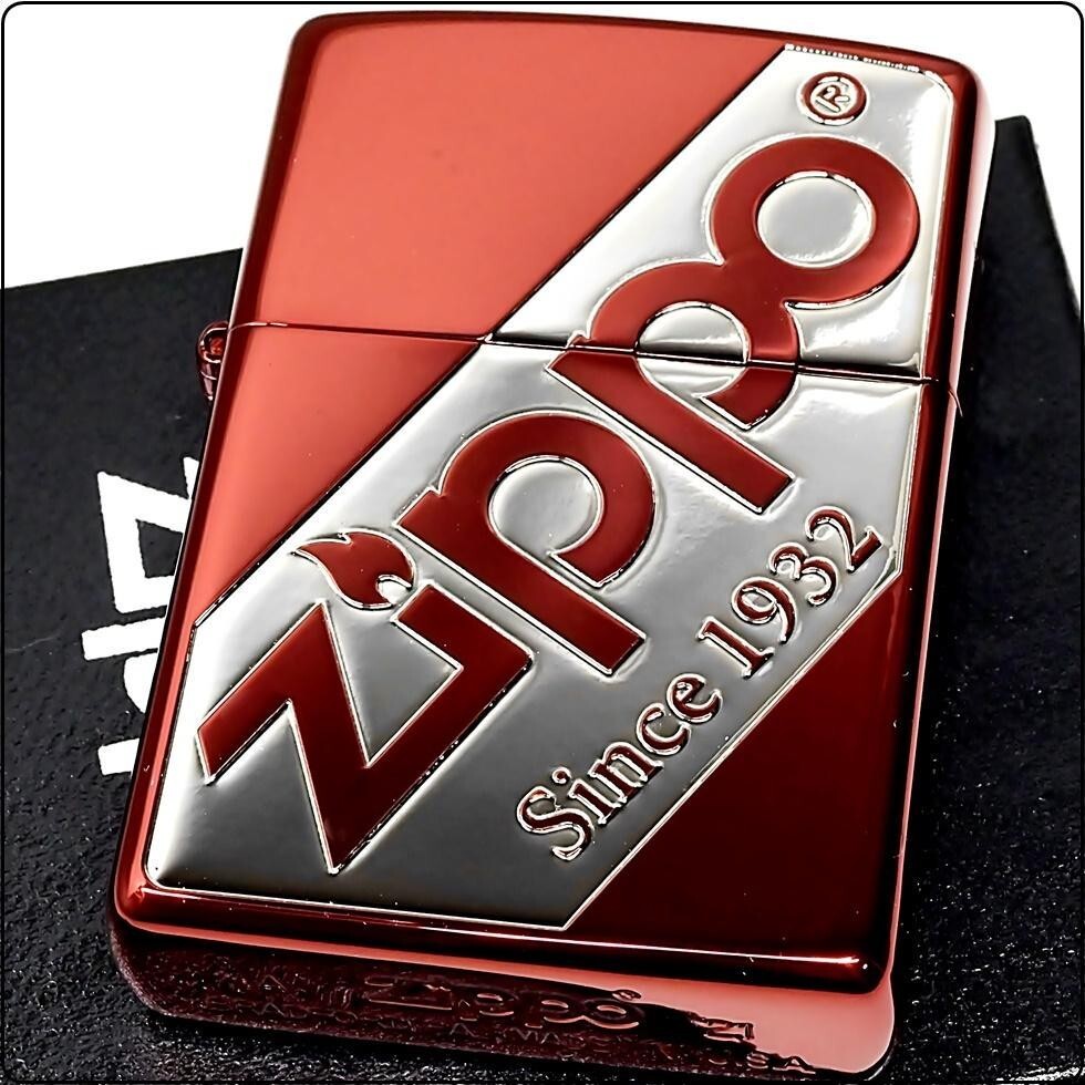 Zippo Diagonal Big Logo 1932 Red Silver Single Sided Etching Regular Japan