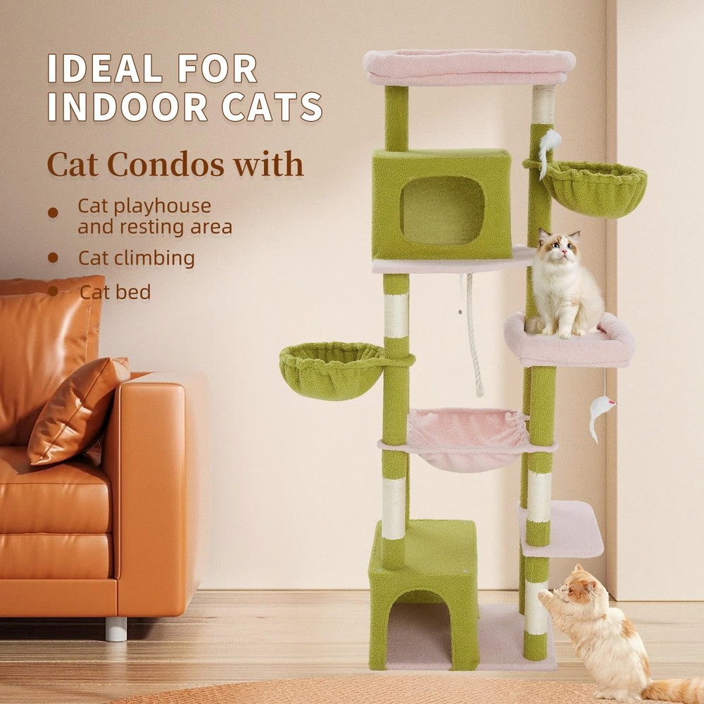 69.7-inch (177cm) Multi-Level Cat Tree with 2 Perches, 2 Condos, 2 Hammocks, ...