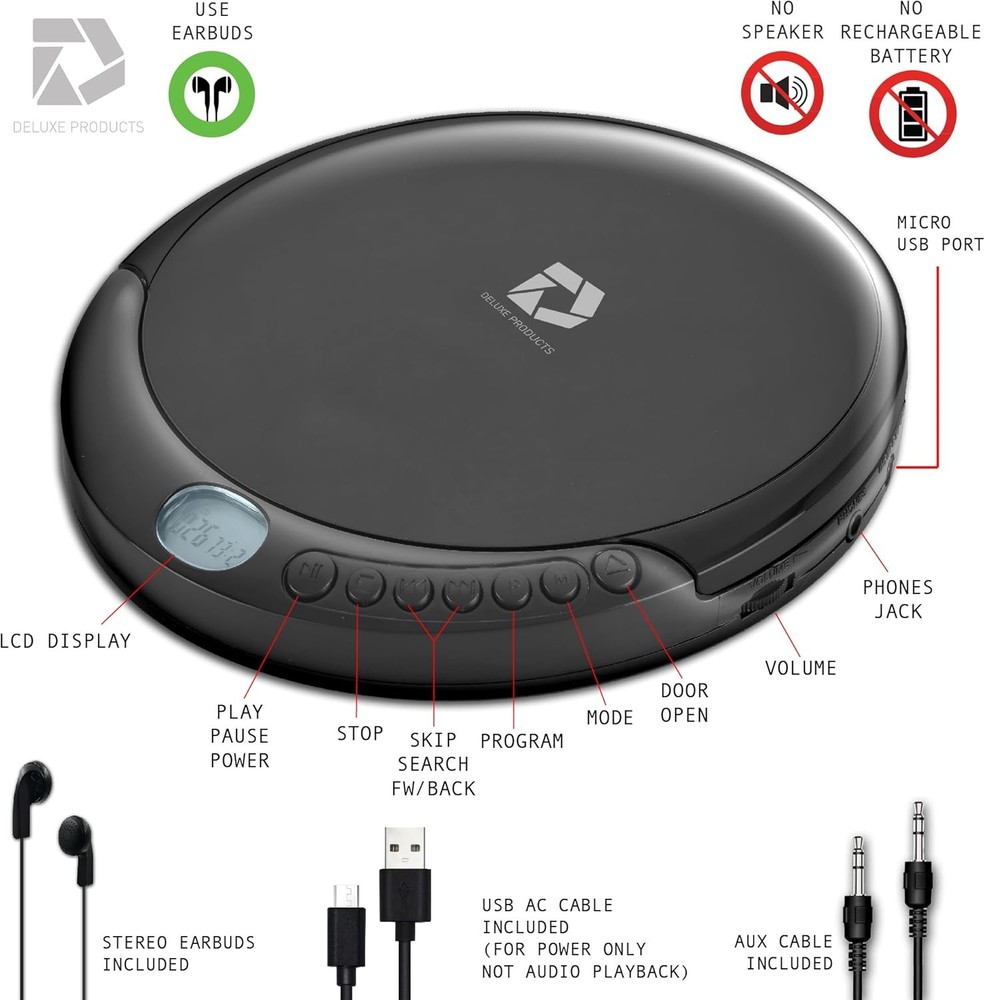 CD Player Portable with 60 Second Anti Skip, Stereo Earbuds, Includes Black
