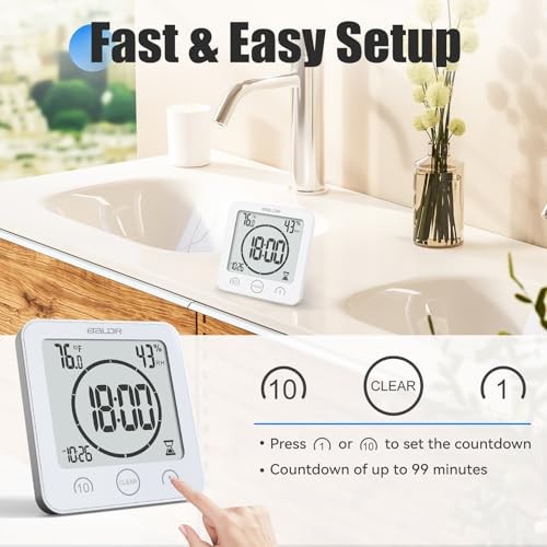 Shower Clock Waterproof Bathroom Clock with Timer/Temperature/Humidity, White