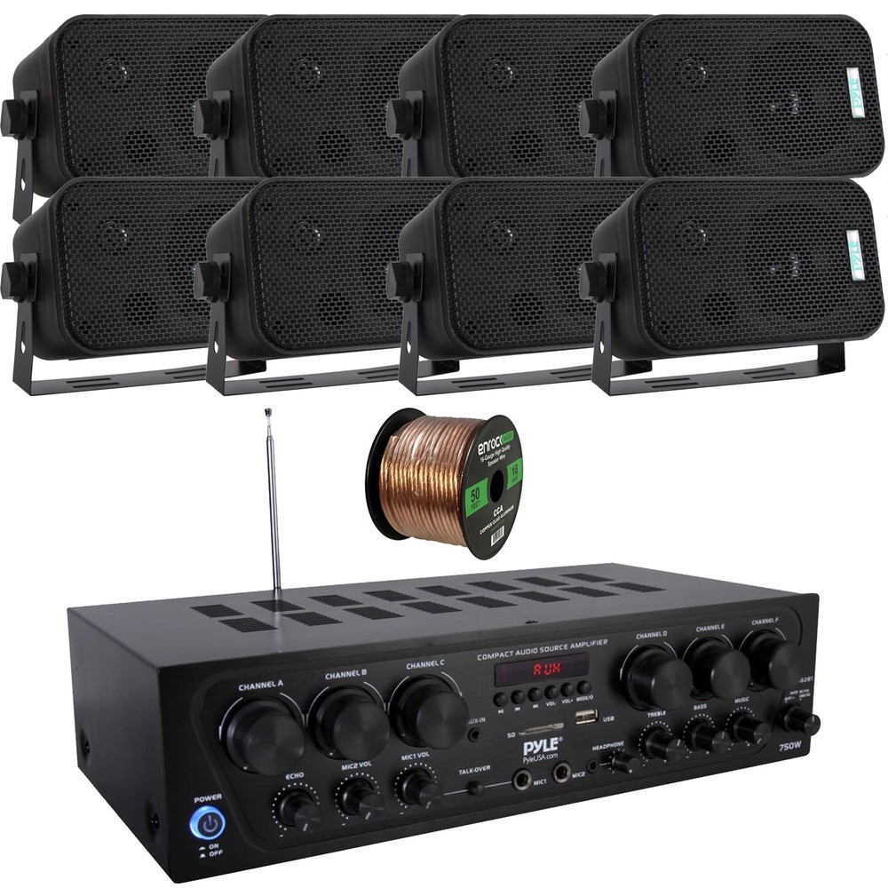 Pyle PTA62BT Bluetooth Receiver Bundle w/ 8x 3.5" Black Waterproof Speaker, Wire