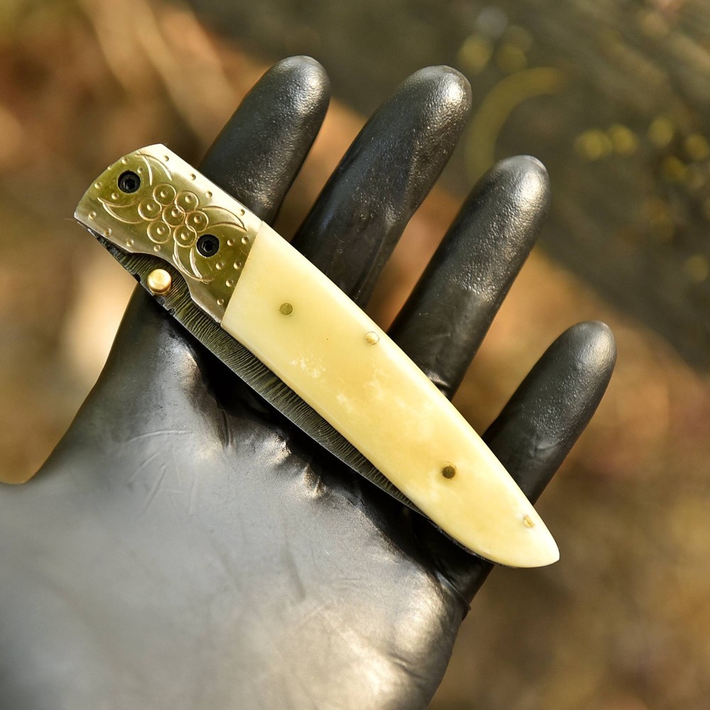 Damascus Steel Folding Dagger Blade Pocket Knife Camel Bone Handle EDC Tool