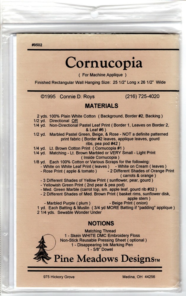 "Cornucopia" ©1995 Pine Meadows Designs Sewing Craft Quilting Pattern # 9502