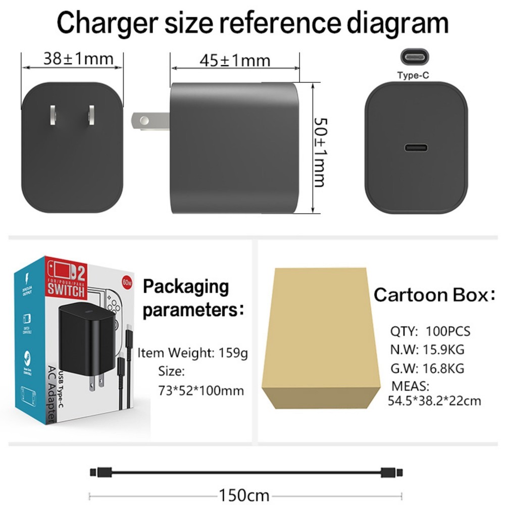 60W USB C Charger for Switch2 Ac Adapter - 20V 3.0A Fast Charging Switch 1/2