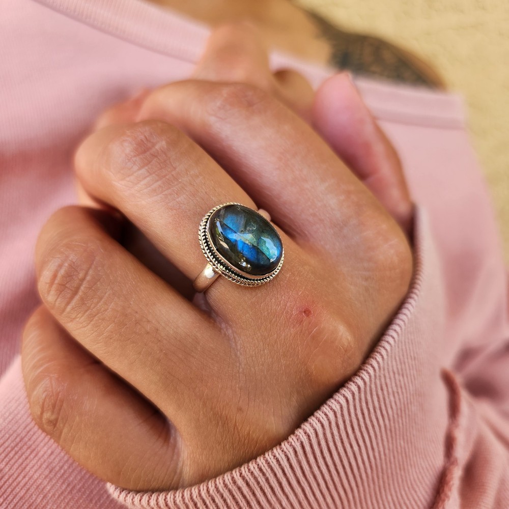 Genuine Labradorite 925 Sterling Silver Oval Ring Gemstone Ring Boho Ring USA