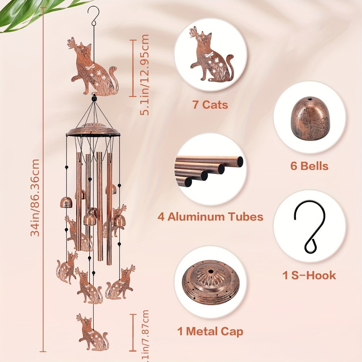 Cat Wind Chimes Outside Gifts for Women Metal Wind Chimes 34" Unique Windchimes