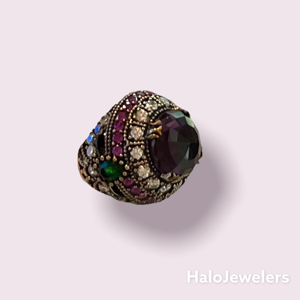 Handmade 925 Sterling Silver Round Amethyst with Rubies & Emerald Statement Ring