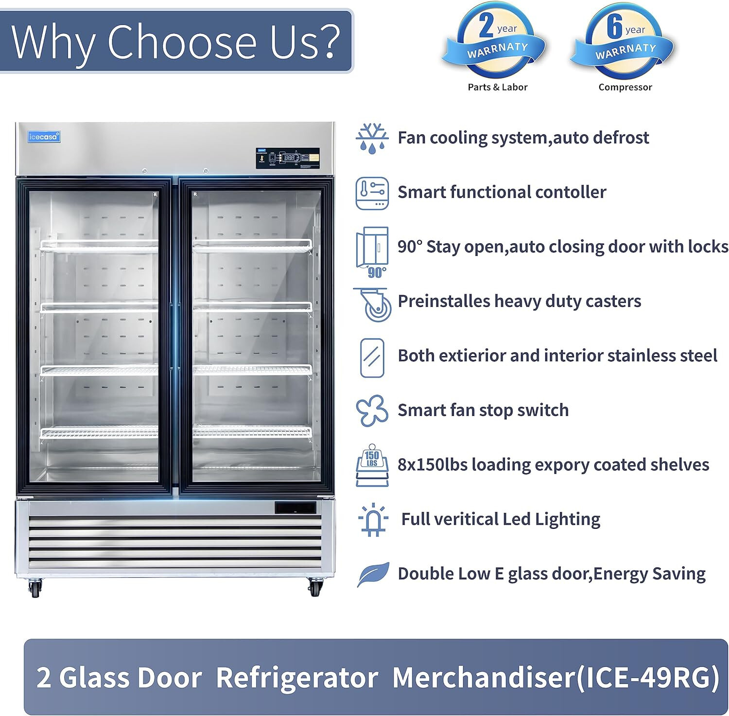 54" Commercial Glass Door Refrigerator, 2 Door Reach-In Merchandiser 49 Cu.ft