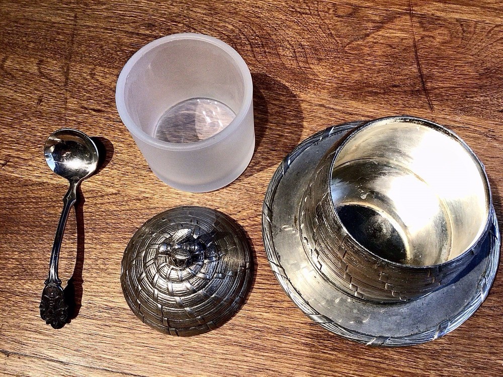 Honey Pot Silver Plate 4pc. Set w/ Lid Pot Glass Liner & Spoon RARE