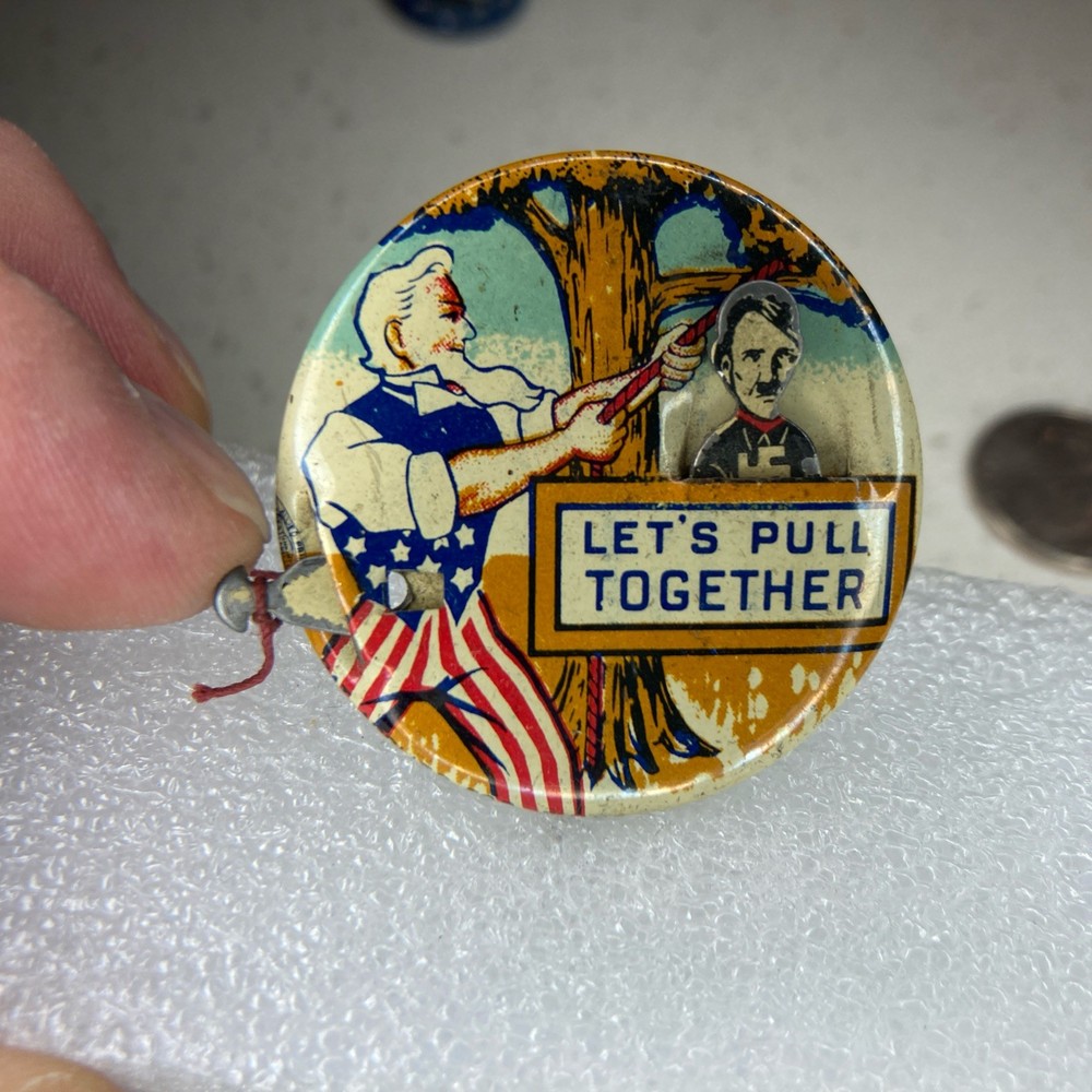 Vintage WWII Uncle Sam LET’S PULL TOGETHER Propaganda Mechanical Pinback Button