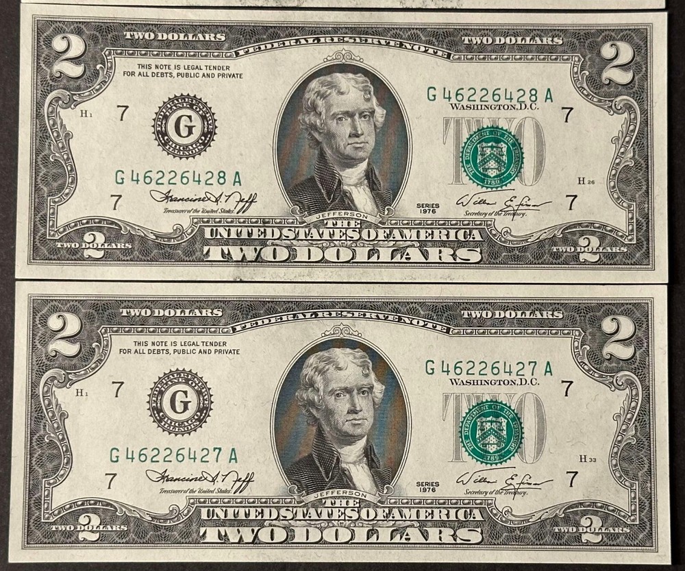 (4) Consecutive 1976 $2 Dollar Bills / Misaligned 3rd print Error / Uncirculated