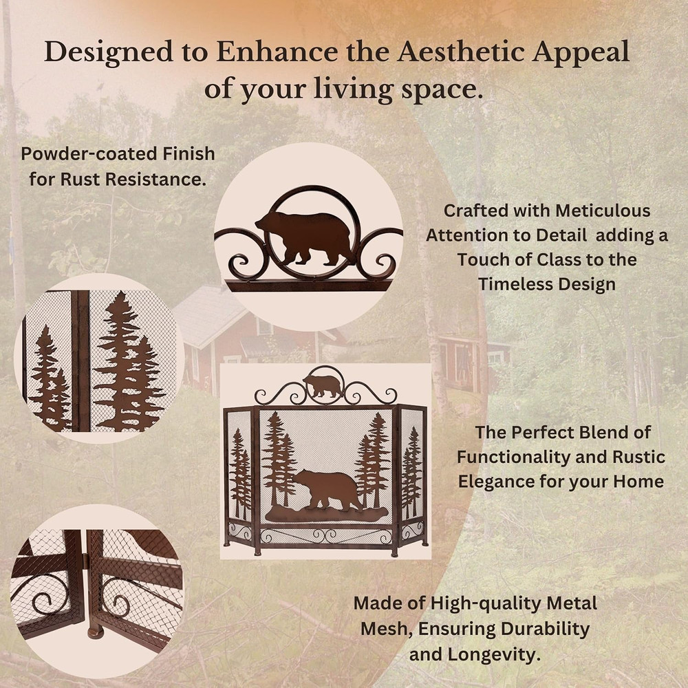 3-Panel Fireplace Screen Decorative with Bear Alone in the Forest - Stand Alone