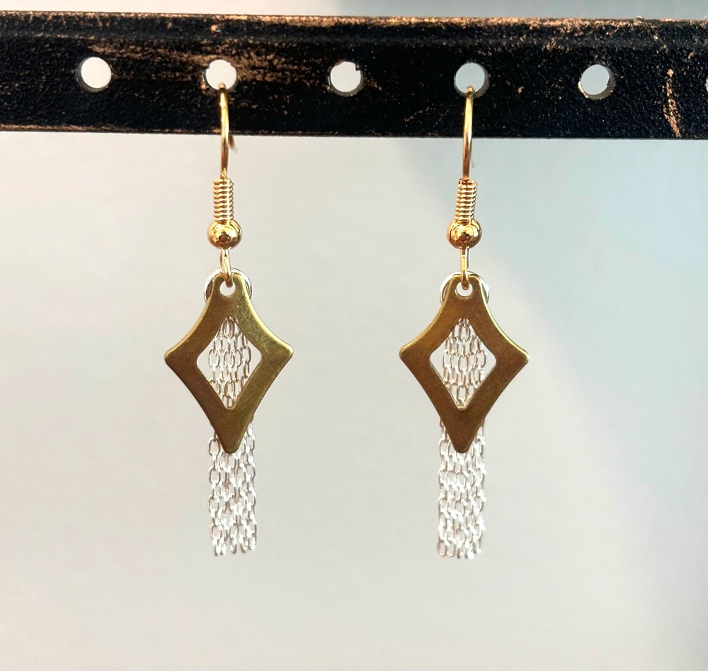 Open Brass Diamond Shape With Silver Fringe Earring