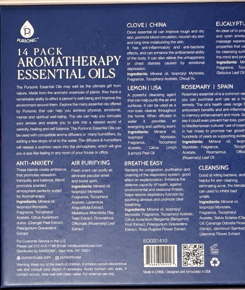 NEW Pursonic Aromatherapy Essential Oils 14 Pack Gift Set