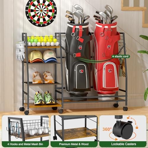 Golf Bag Storage Rack for Garage with Wheels, Organizer for Golf Bag and 2 bags