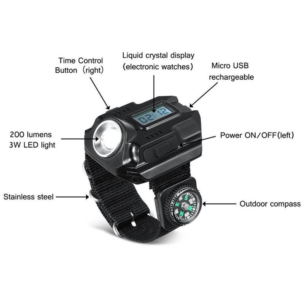 LED Wrist Watch Flashlight Torch Light USB Charging Rechargeable Flashlight E