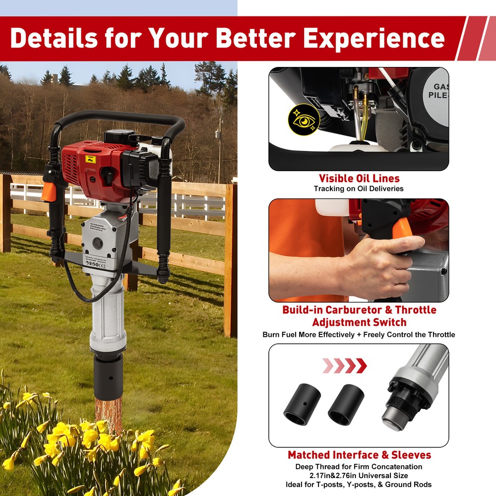 Petrol Post Driver 1900W 52cc Two-Stroke Engine with Shock Absorption