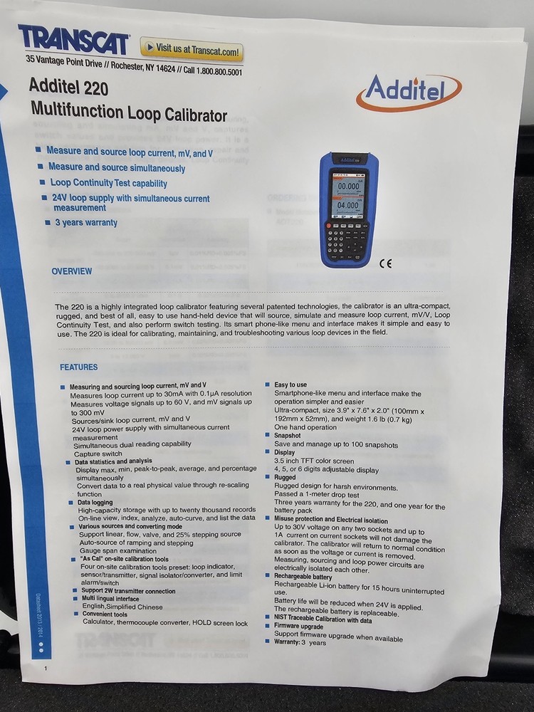 Additel ADT220 Multifunction Loop Calibrator