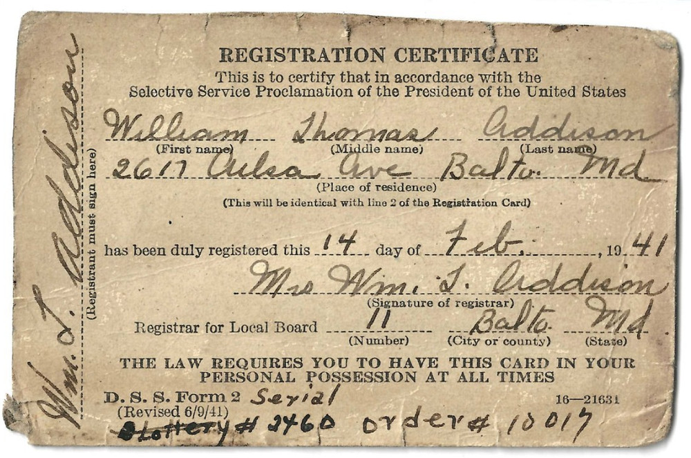 Selective Service Registration Certificate 1941 Proclamation DSS Form Valentines