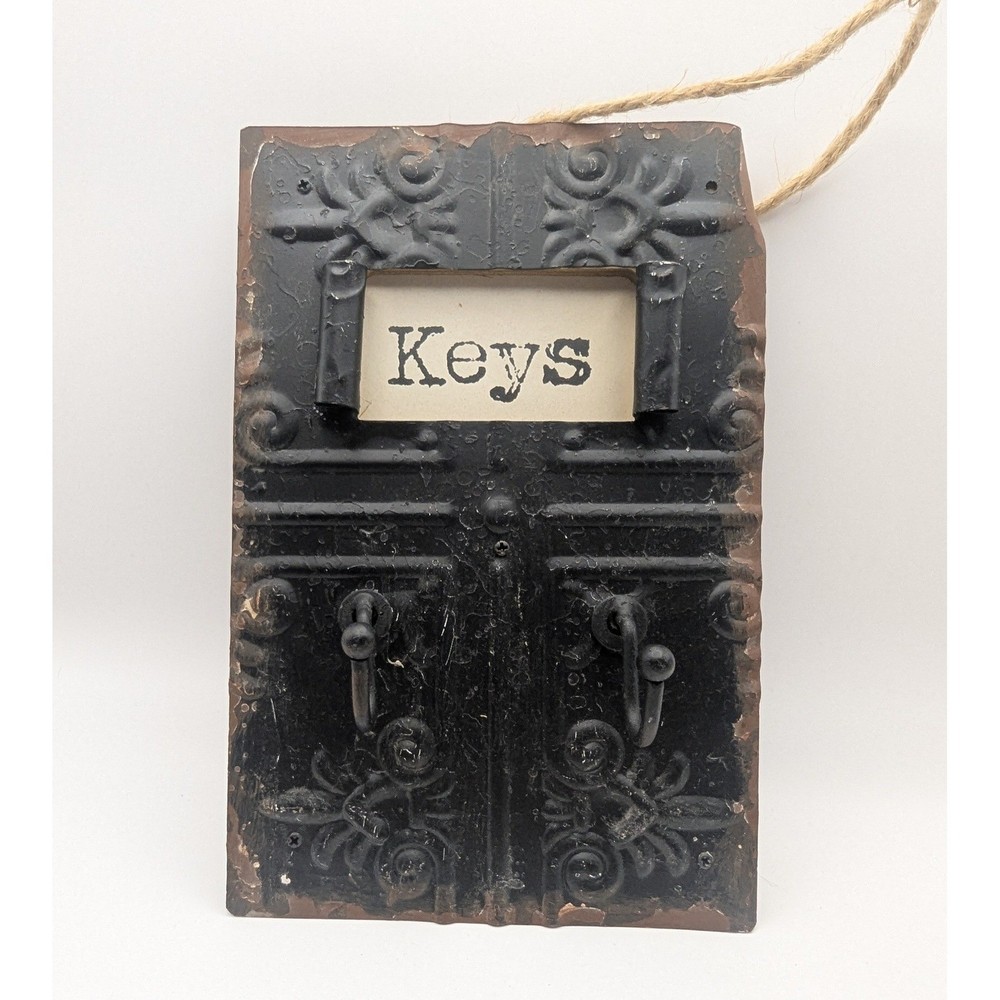 Two Hook Key Holder Rack Wall Mount Tin Rustic Black Metal Distressed