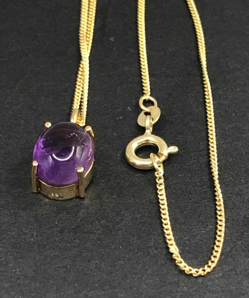 Amethyst cabochon set, stud earrings, pendant, gold on solid sterling silver.