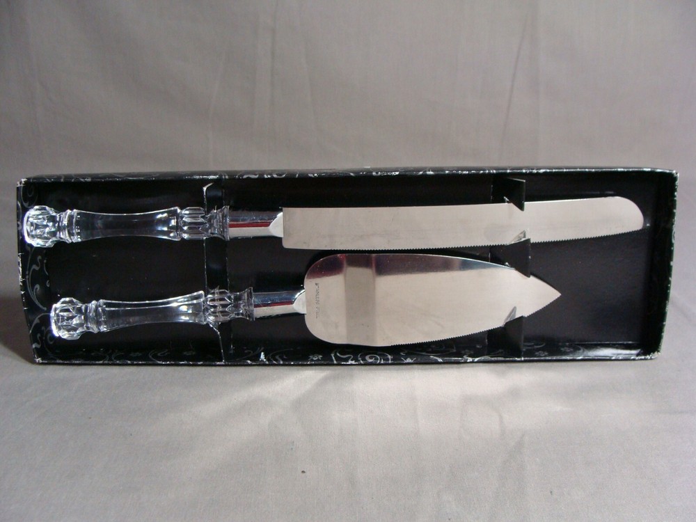 1 WEDDING Cake Knife & 1 Cake Server With Clear Handles