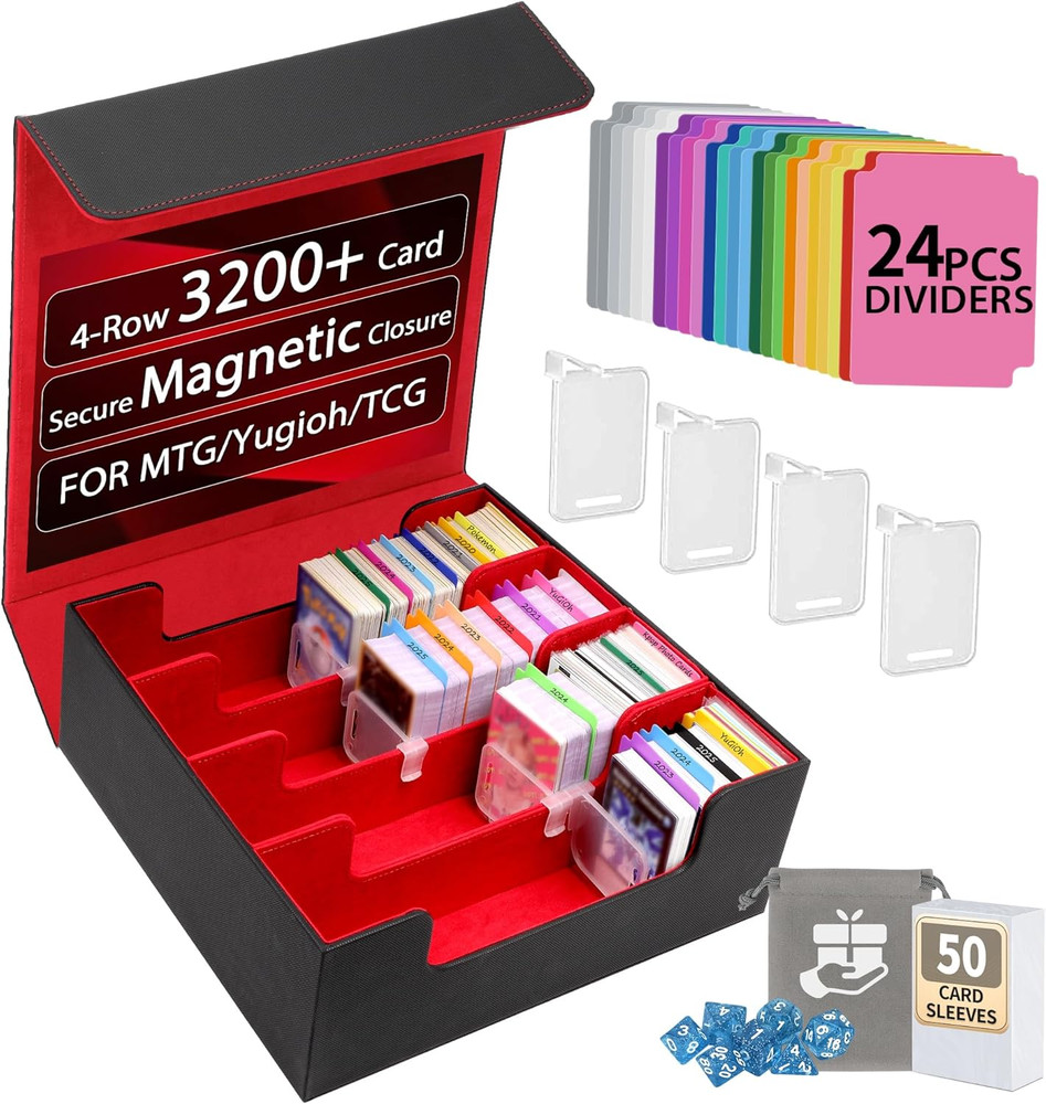 3200+ Trading Card Storage Box, 4-Row Deck Box with Magnetic Closure, PU Leather