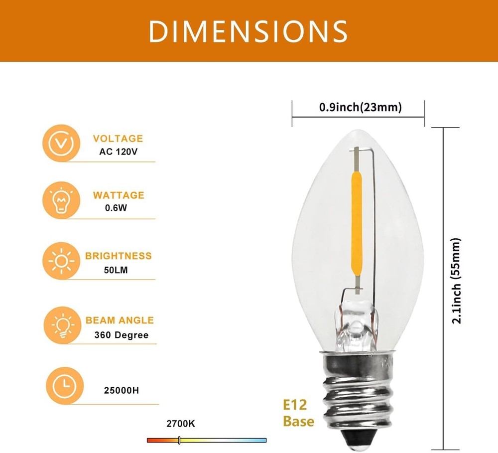 C7 Accessory Cord with 4 LED Night Light Bulb, Candelabra-Base E12 Socket Whi...