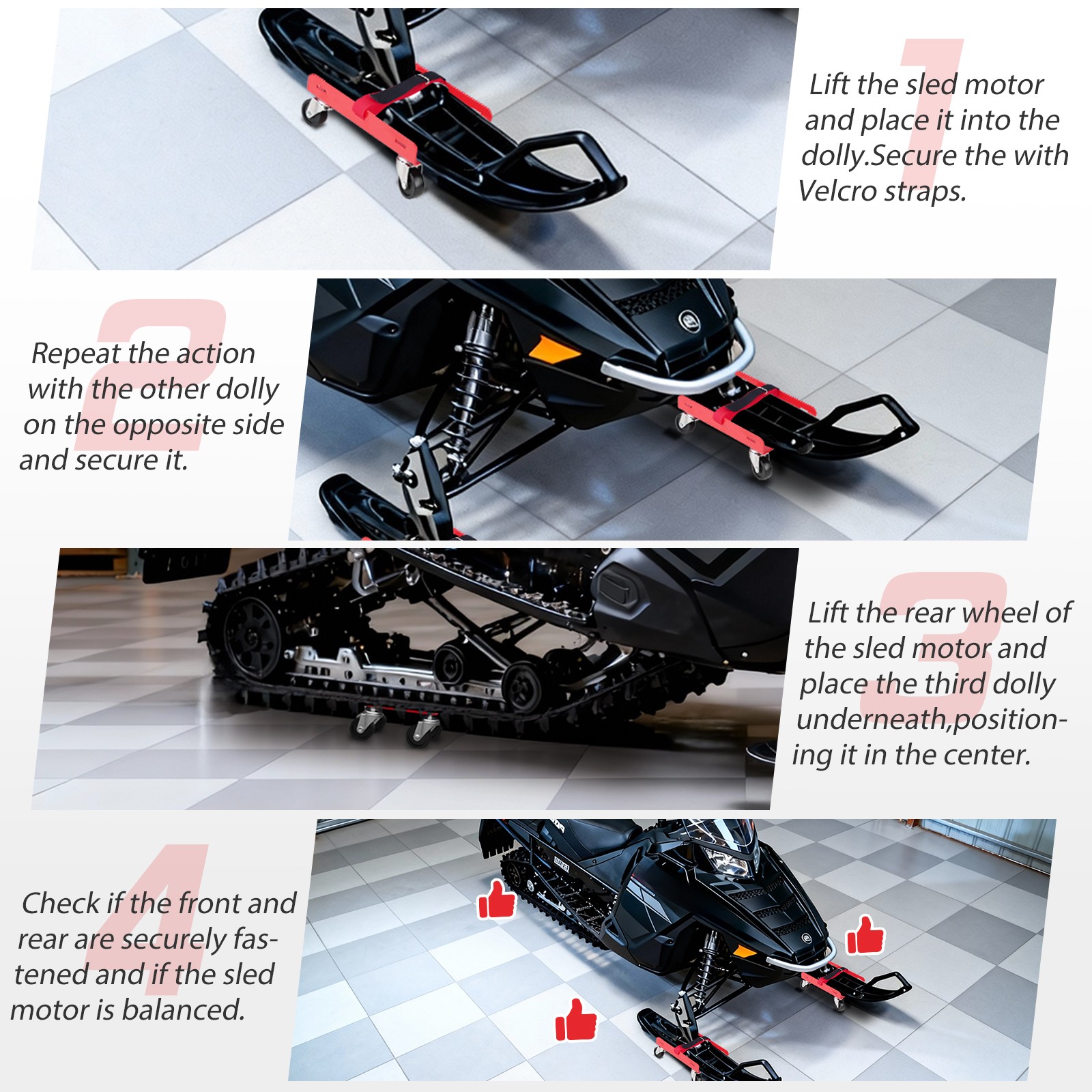 3x Snowmobile Dolly Set Max Supporting 1500Lbs Heavy Duty Straps RED