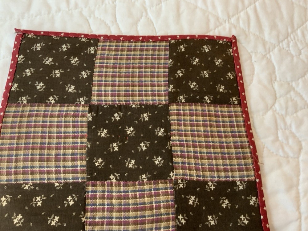 Antique Patchwork Quilt Table Topper, Nine Patch, Brown Florals, Checks