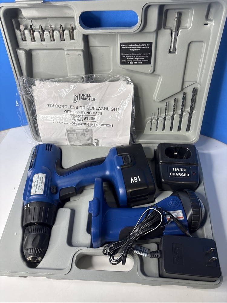 Drill Master 18V Cordless Drill & Flashlight Set w/Battery, Charger, Bits, Case