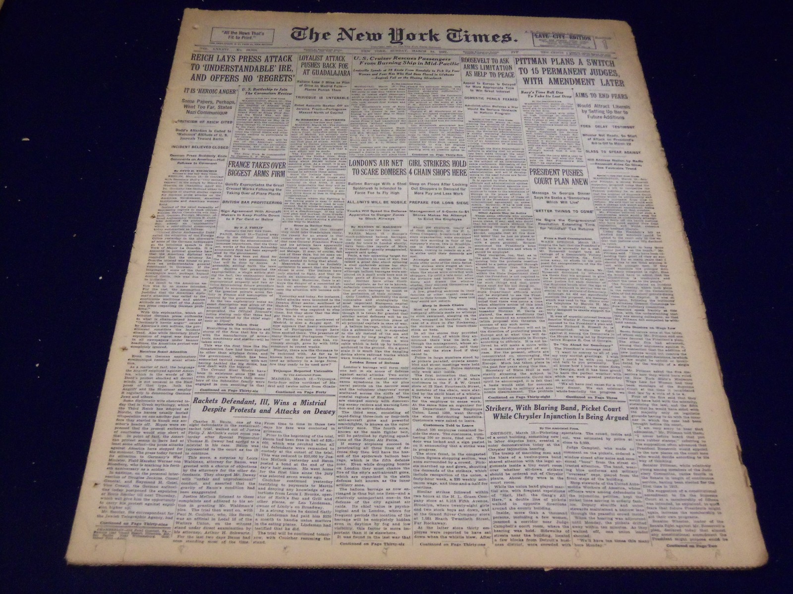 1937 MARCH 14 NEW YORK TIMES - PRESIDENT AGAIN PUSHES COURT PLAN - NT 3403
