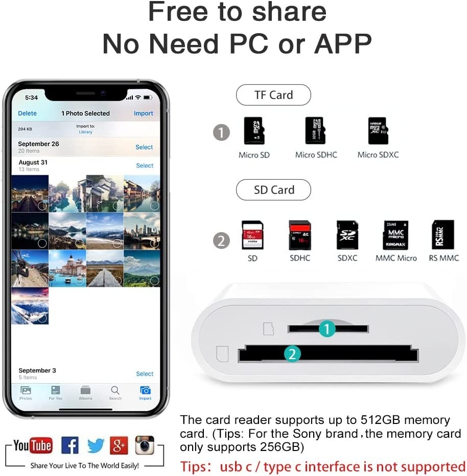 SD and TF Card Trail Camera Viewer Sd Memory Card Reader Adapter For iPhone iPad