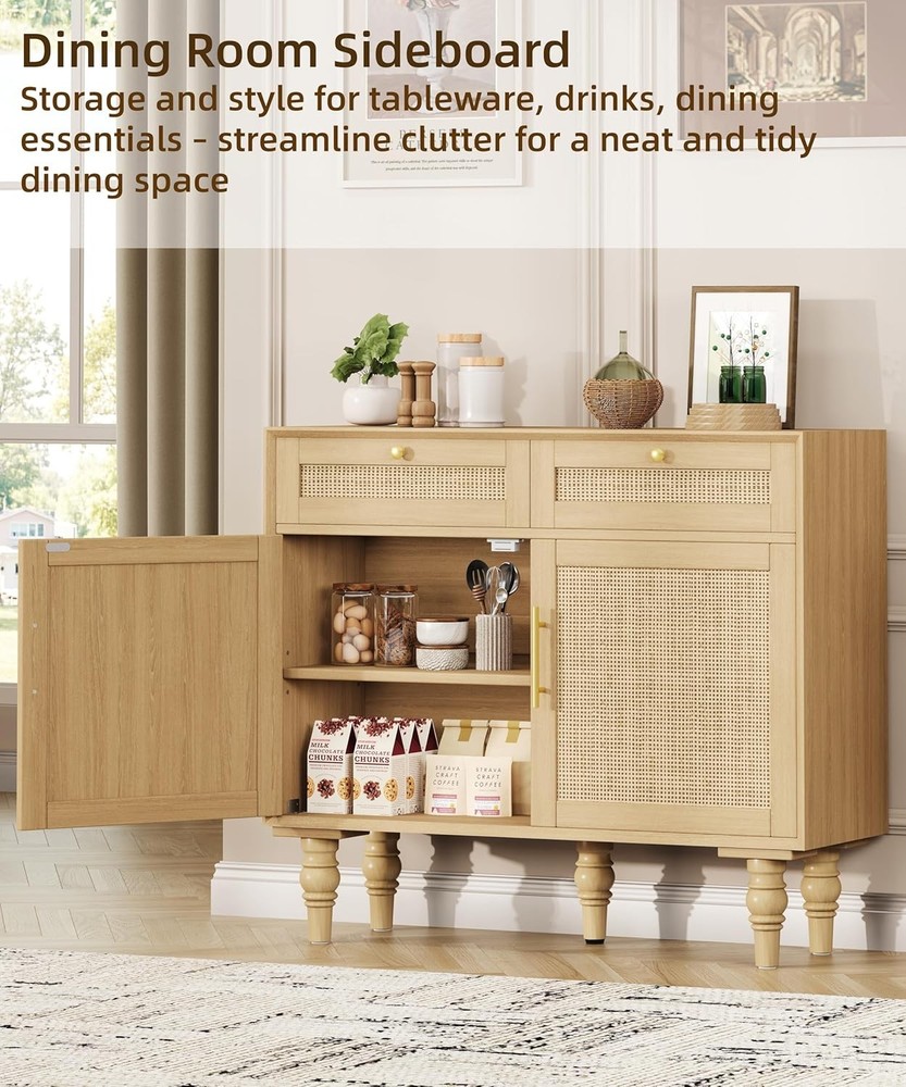 35.4" Rattan Buffet Sideboard Cabinet W/ Storage Boho Buffet Table W/ Adjustable