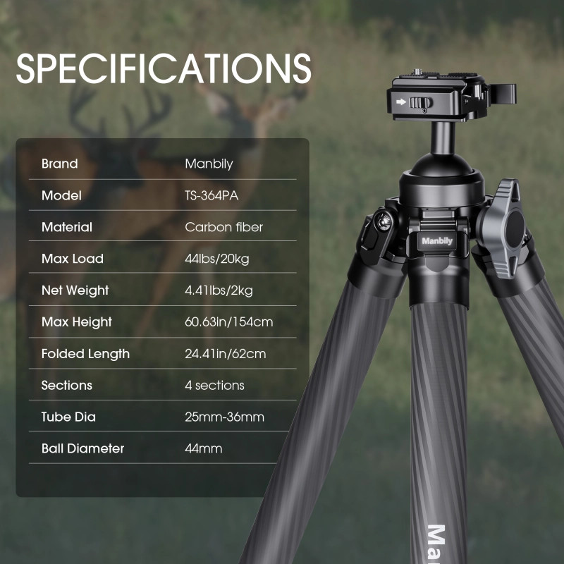 Manbily Carbon Fiber Hunting Tripod,Ball Head, Arca Swiss&Picatinny Adapter -US