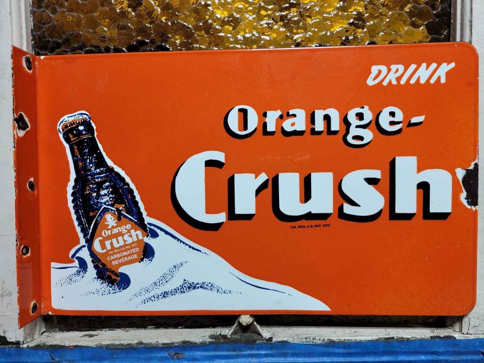 VINTAGE ORANGE CRUSH PORCELAIN SIGN OLD SODA FLANGE COLA BEVERAGE DRINK FOOD 20"