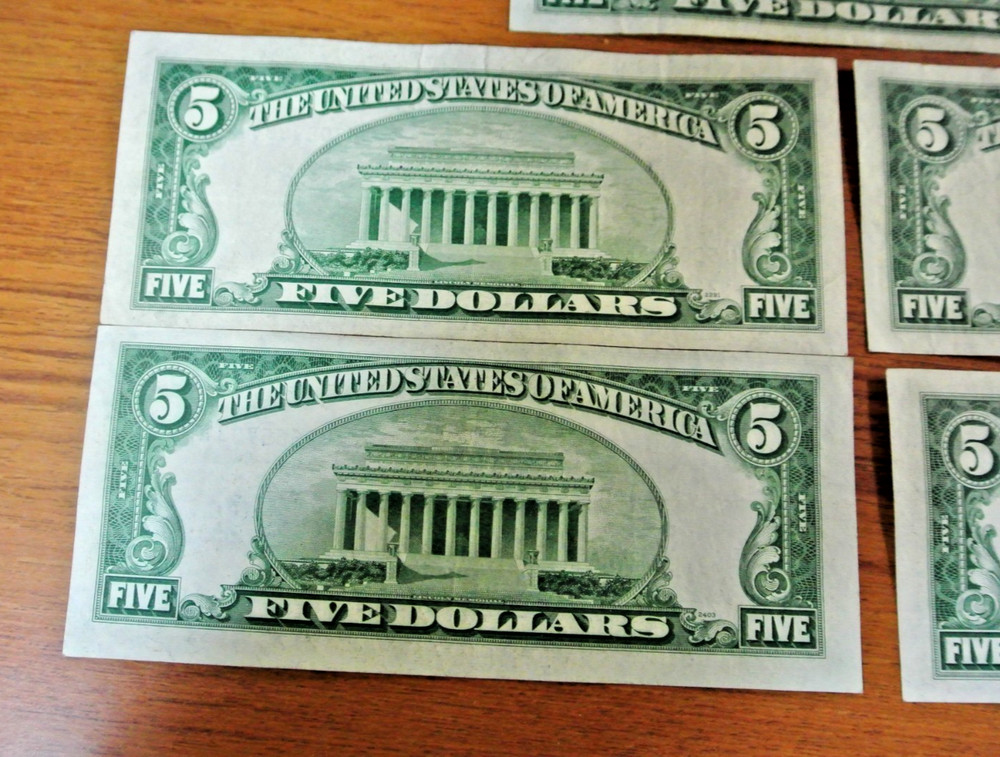 FIVE 1953 $5 US Silver Certificate Higher Grade Uncertified