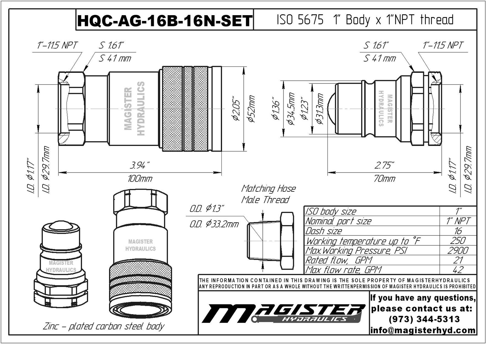 1″ AG Hydraulic Quick Couplers Set - 1″ NPT Thread