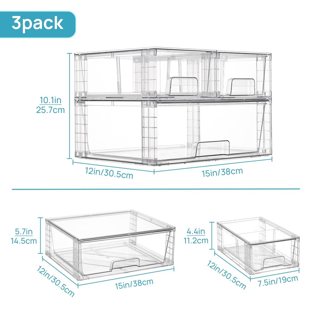 Vtopmart 3 Pack Stackable Storage Drawers, Easily Assemble Acrylic clear