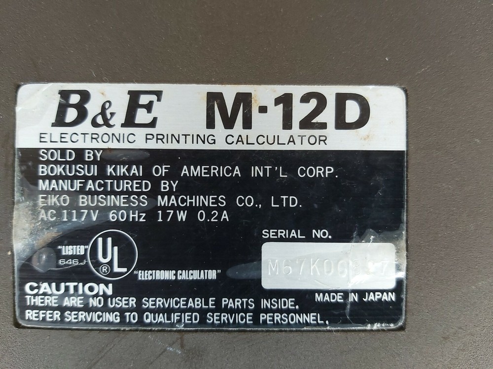 B&E M-12D Electronic Printing Calculator 12 Digit Eiko