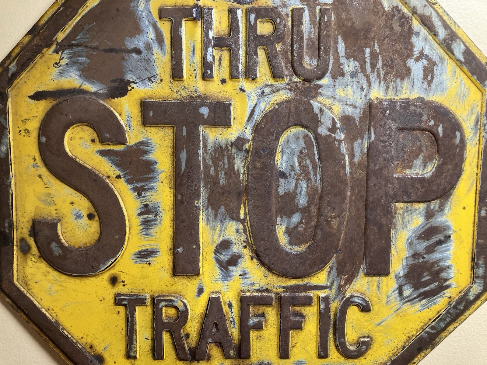 Vintage Yellow Stop Sign Embossed 24"x24" Art Deco 1930 Era