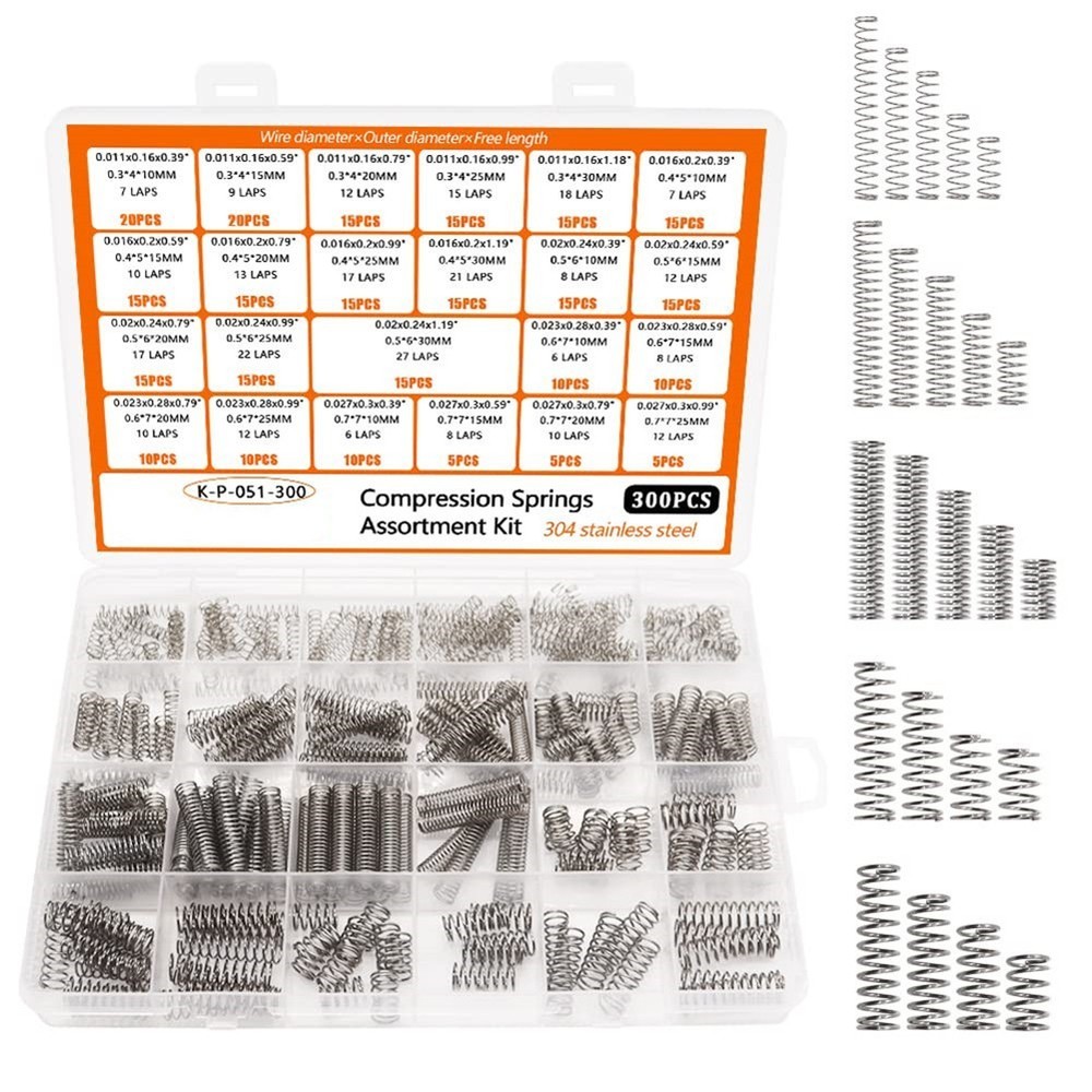 Extensive Compression Spring Assortment with 300 Pieces and Sizes Listed