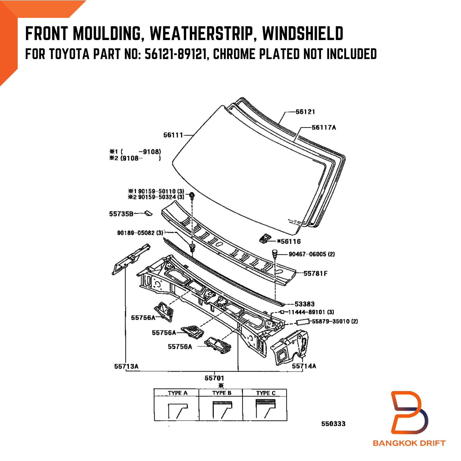 Front Window Gasket Rubber Seal Fit Toyota Pickup 89-96 w/ Moulding Slot Chrome