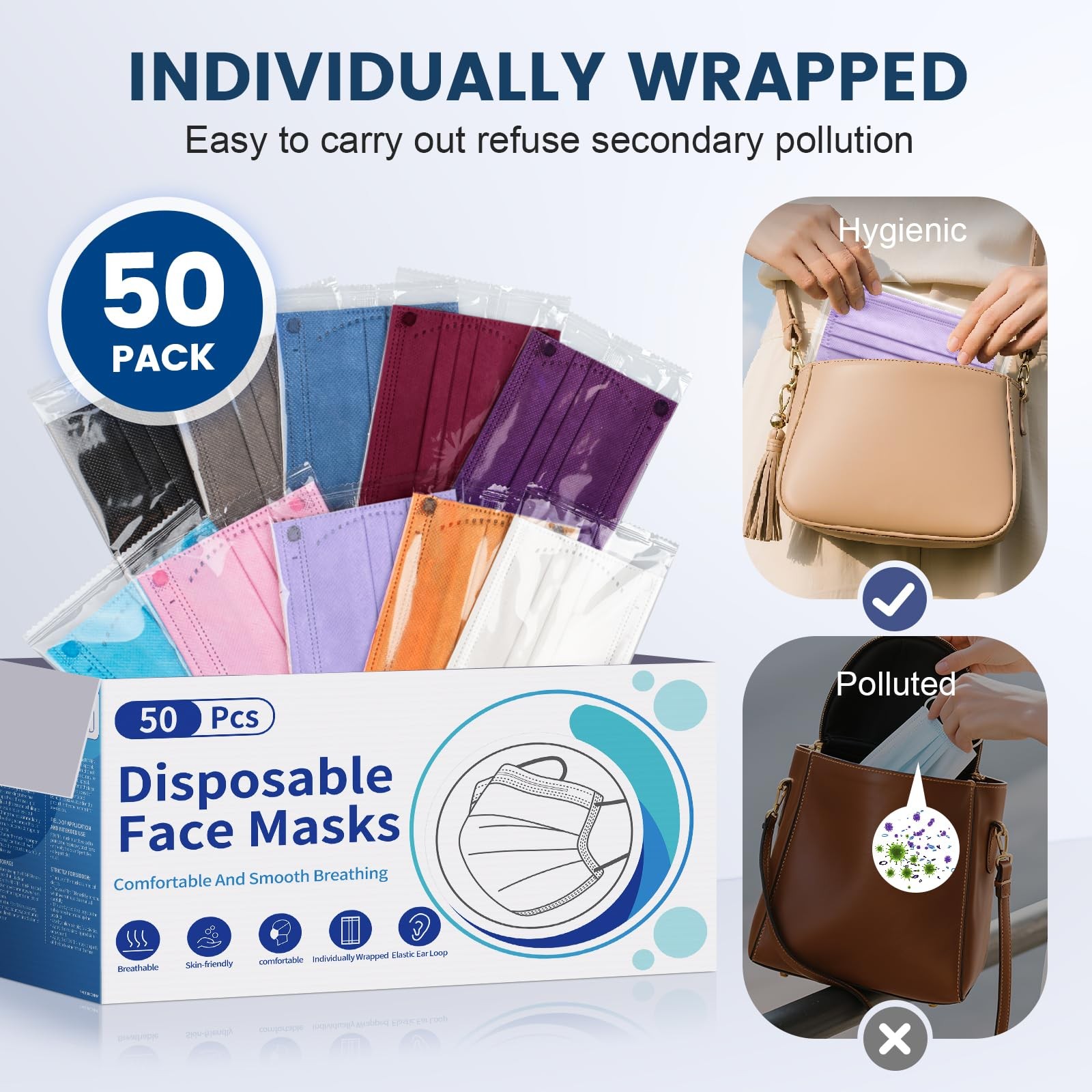 Disposable Face Mask for Adults - 4 Ply Protection, Individually Wrapped 50
