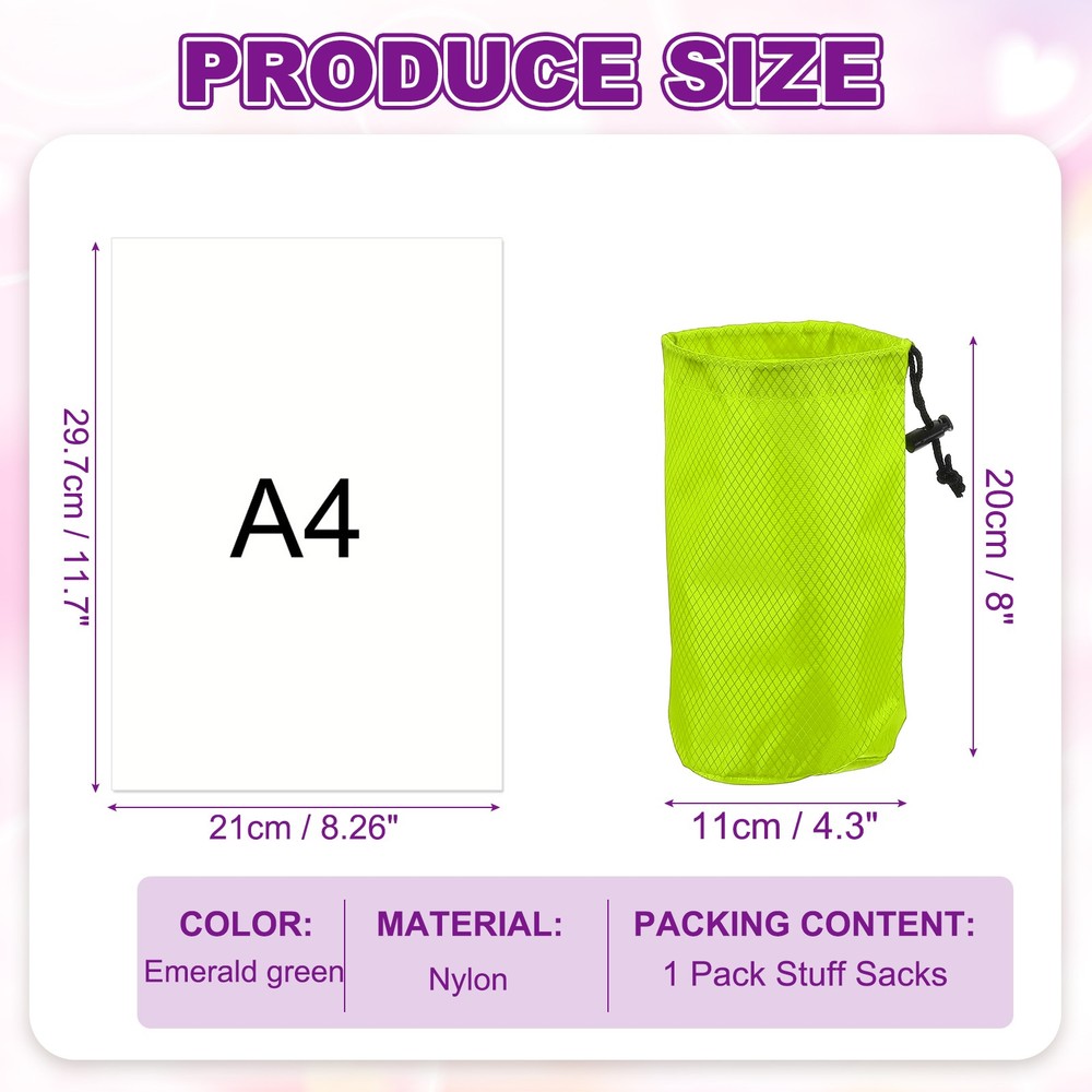 Stuff Sack, Nylon Waterproof Storage Sacks, 4x8Inch (Green)