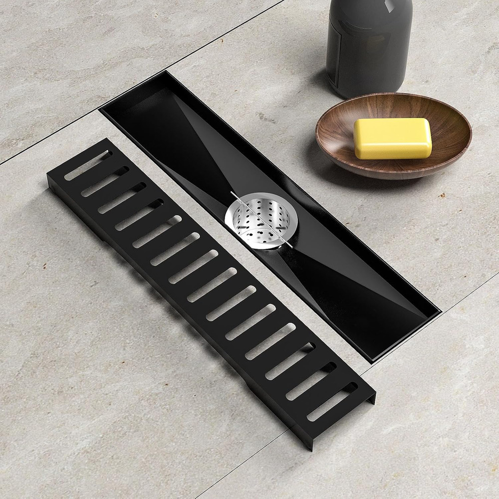 Black Linear Shower Drain 12 Inch with Removable Capsule Pattern Grate
